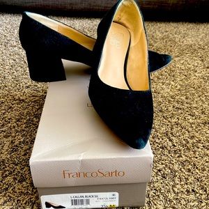 Black suede block heel pumps